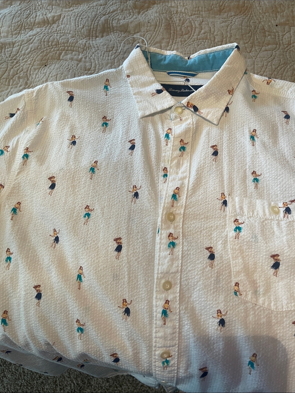 Tommy Bahama White Button-Up Shirt with Teal Trim and Navy Label
